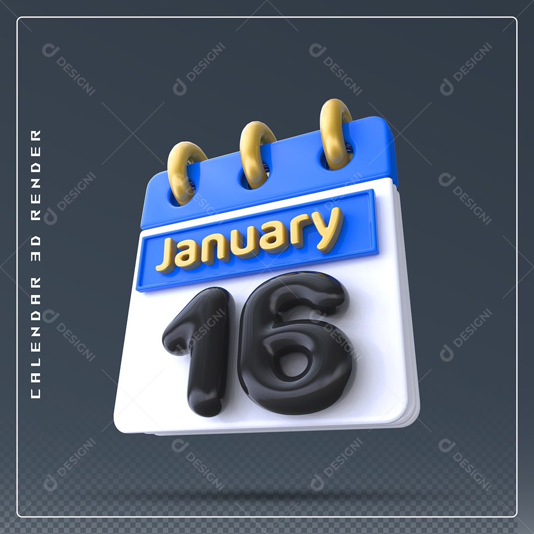 Calendário Do mês Janeiro Dia 16 Elemento 3D Azul Dourado E Branco Preto Para Composição PSD