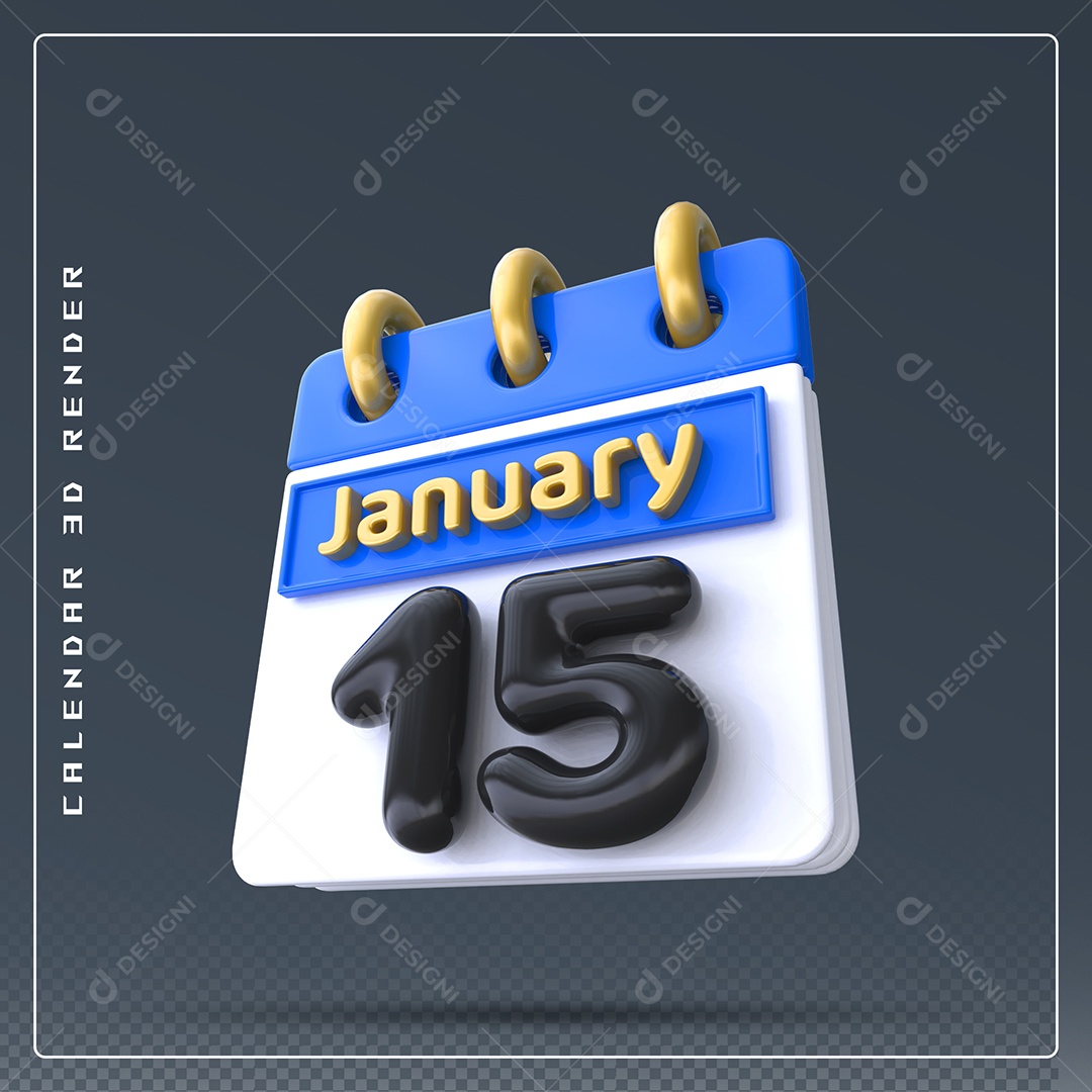 Calendário Do mês Janeiro Dia 15 Elemento 3D Azul Dourado E Branco Preto Para Composição PSD
