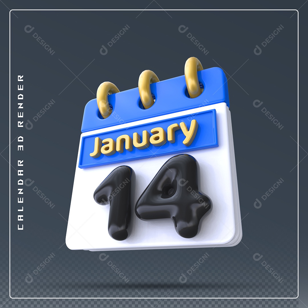 Calendário Do mês Janeiro Dia 14 Elemento 3D Azul Dourado E Branco Preto Para Composição PSD