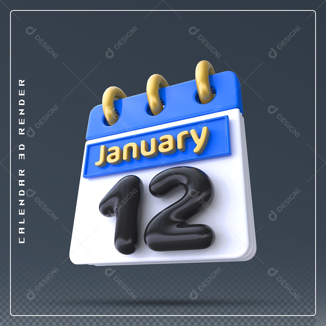 Calendário Do mês Janeiro Dia 12 Elemento 3D Azul Dourado E Branco Preto Para Composição PSD