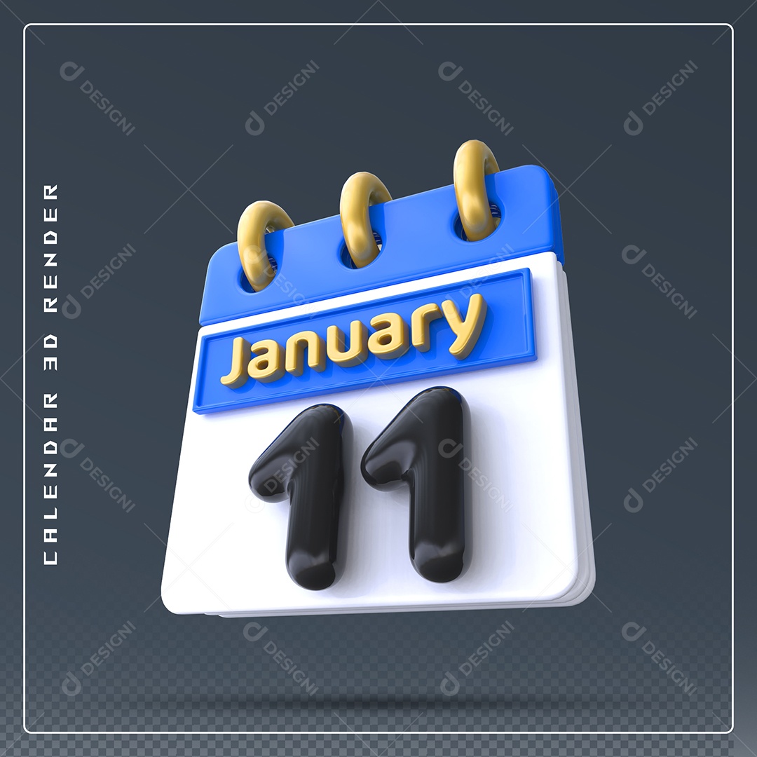 Calendário Do mês Janeiro Dia 11 Elemento 3D Azul Dourado E Branco Preto Para Composição PSD