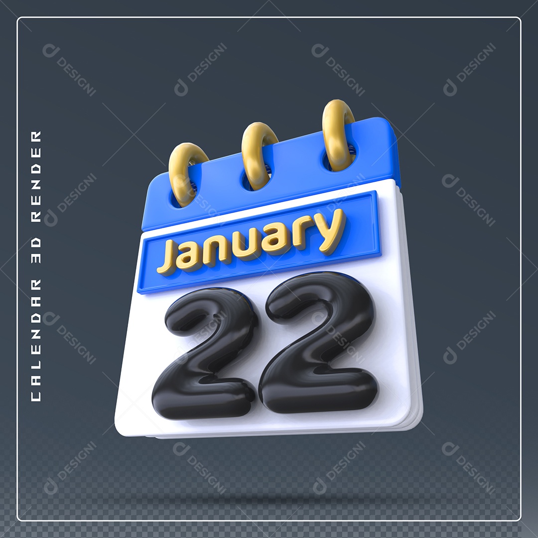 Calendário Do mês Janeiro Dia 22 Elemento 3D Azul Dourado E Branco Preto Para Composição PSD