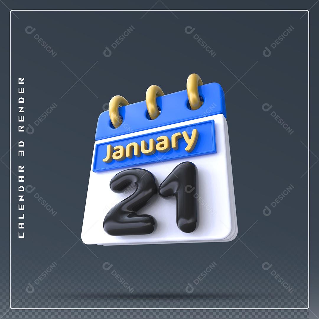 Calendário Do mês Janeiro Dia 21 Elemento 3D Azul Dourado E Branco Preto Para Composição PSD