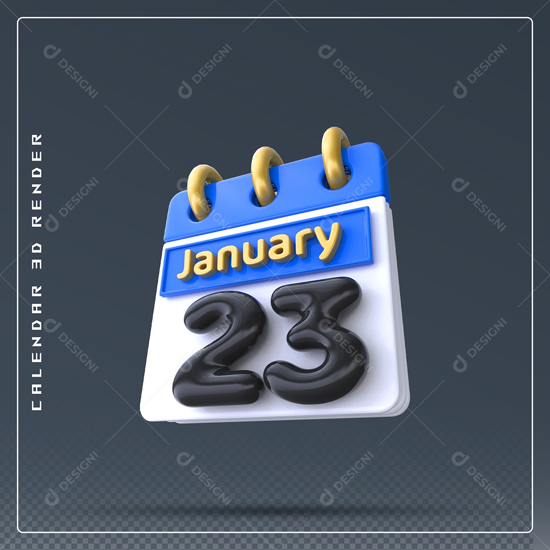 Calendário Do mês Janeiro Dia 23 Elemento 3D Azul Dourado E Branco Preto Para Composição PSD