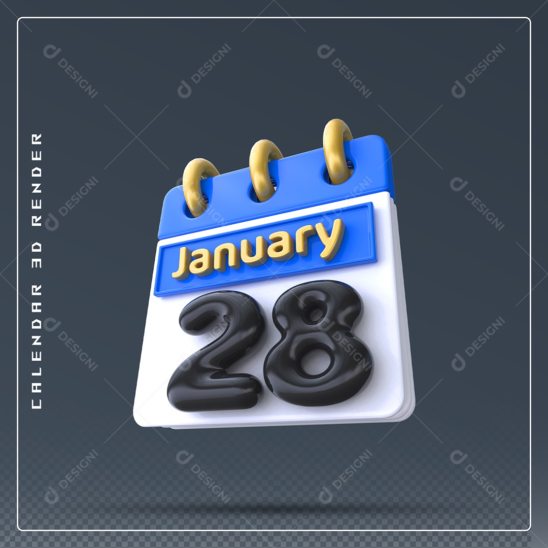 Calendário Do mês Janeiro Dia 28 Elemento 3D Azul Dourado E Branco Preto Para Composição PSD