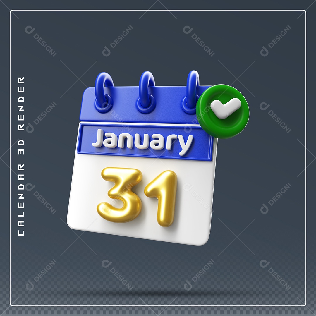 Calendário Do mês Janeiro Dia 31 Elemento 3D Azul Dourado E Branco Para Composição PSD