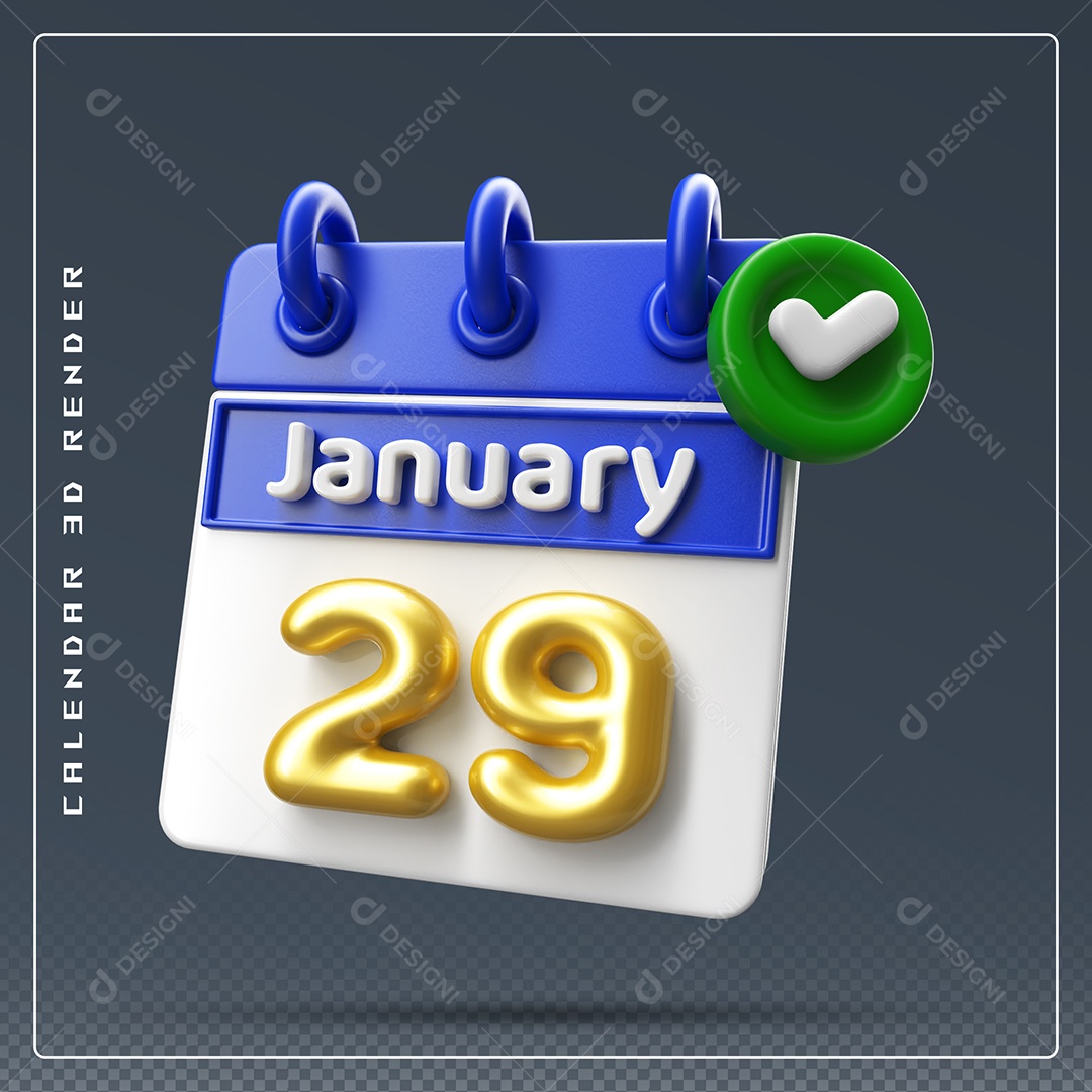 Calendário Do mês Janeiro Dia 29 Elemento 3D Azul Dourado E Branco Para Composição PSD