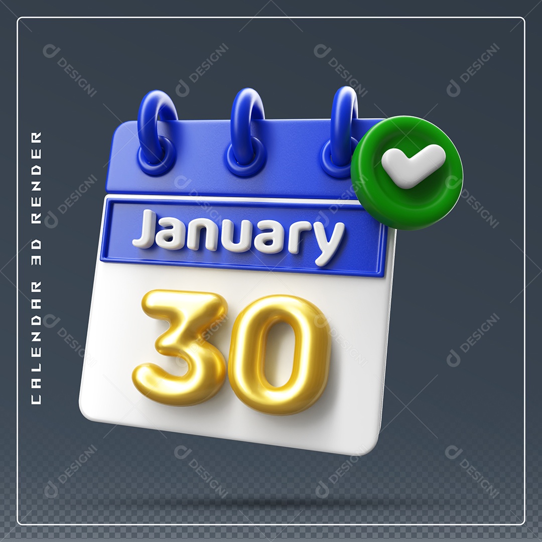 Calendário Do mês Janeiro Dia 30 Elemento 3D Azul Dourado E Branco Para Composição PSD