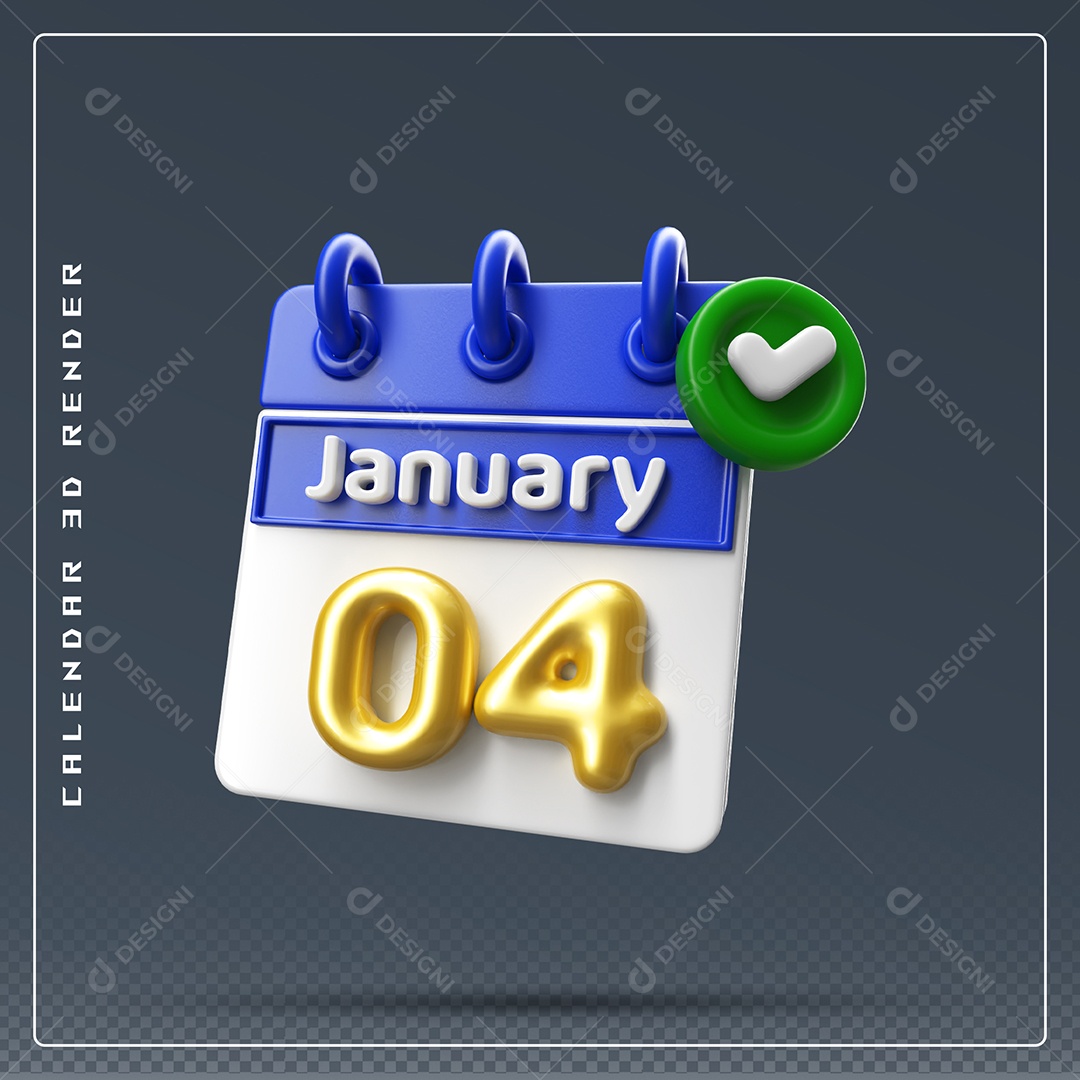 4 Calendário Do mês Janeiro Dia 4 Elemento 3D Azul Dourado E Branco Para Composição PSD