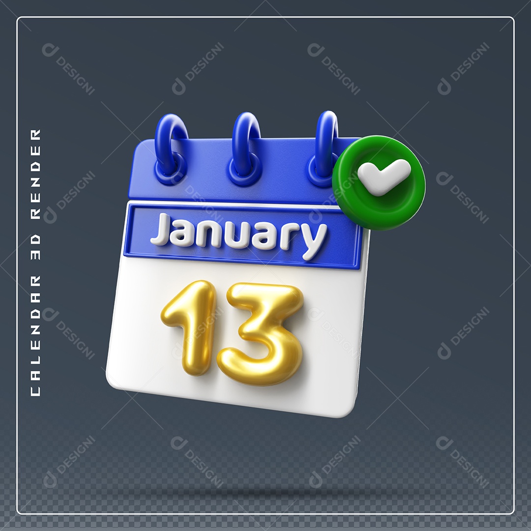 Calendário Do mês Janeiro Dia 13 Elemento 3D Azul Dourado E Branco Para Composição PSD