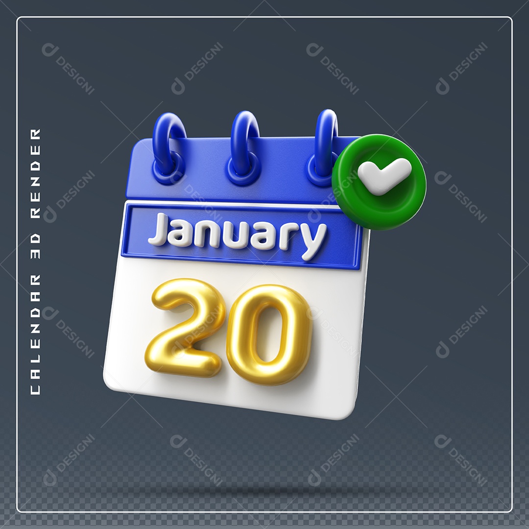 Calendário Do mês Janeiro Dia 20 Elemento 3D Azul Dourado E Branco Para Composição PSD