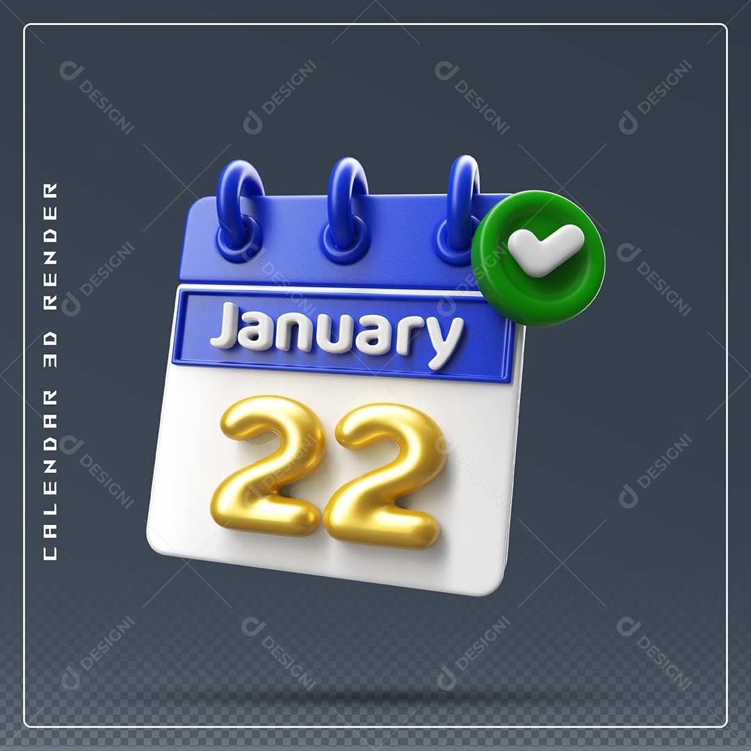 Calendário Do mês Janeiro Dia 22 Elemento 3D Azul Dourado E Branco Para Composição PSD