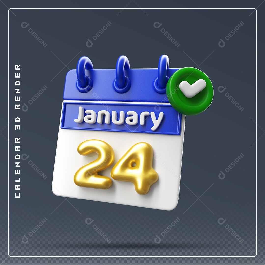 Calendário Do mês Janeiro Dia 24 Elemento 3D Azul Dourado E Branco Para Composição PSD