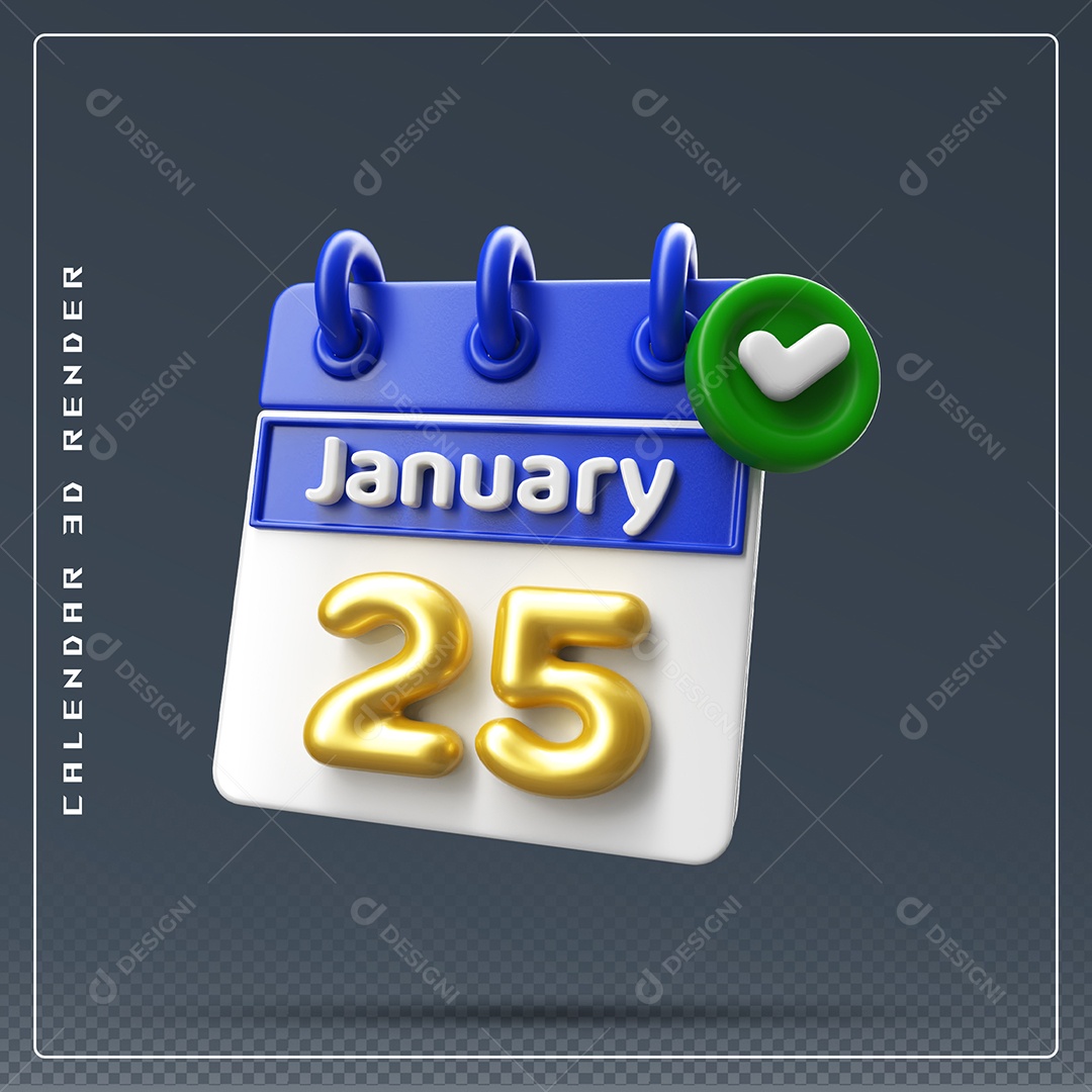 Calendário Do mês Janeiro Dia 25 Elemento 3D Azul Dourado E Branco Para Composição PSD.
