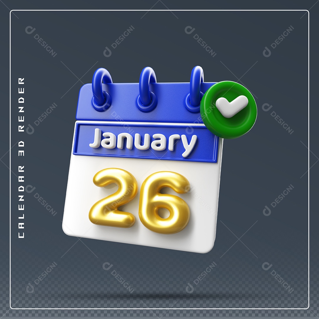 Calendário Do mês Janeiro Dia 26 Elemento 3D Azul Dourado E Branco Para Composição PSD