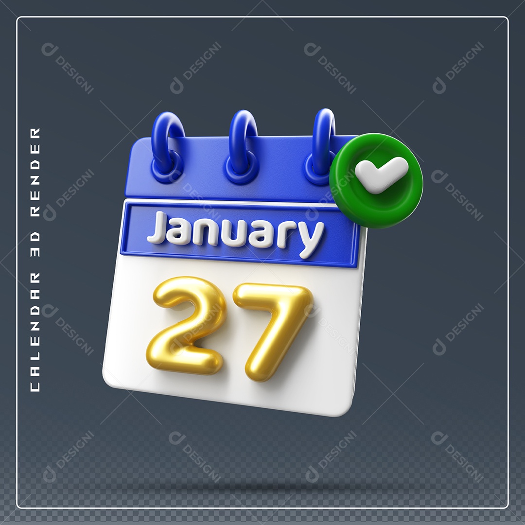 Calendário Do mês Janeiro Dia 27 Elemento 3D Azul Dourado E Branco Para Composição PSD