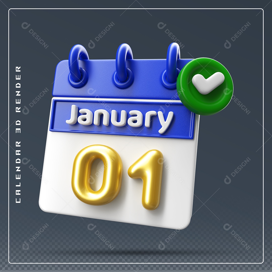 Calendário Do mês Janeiro Dia 01 Elemento 3D Azul Dourado E Branco Para Composição PSD