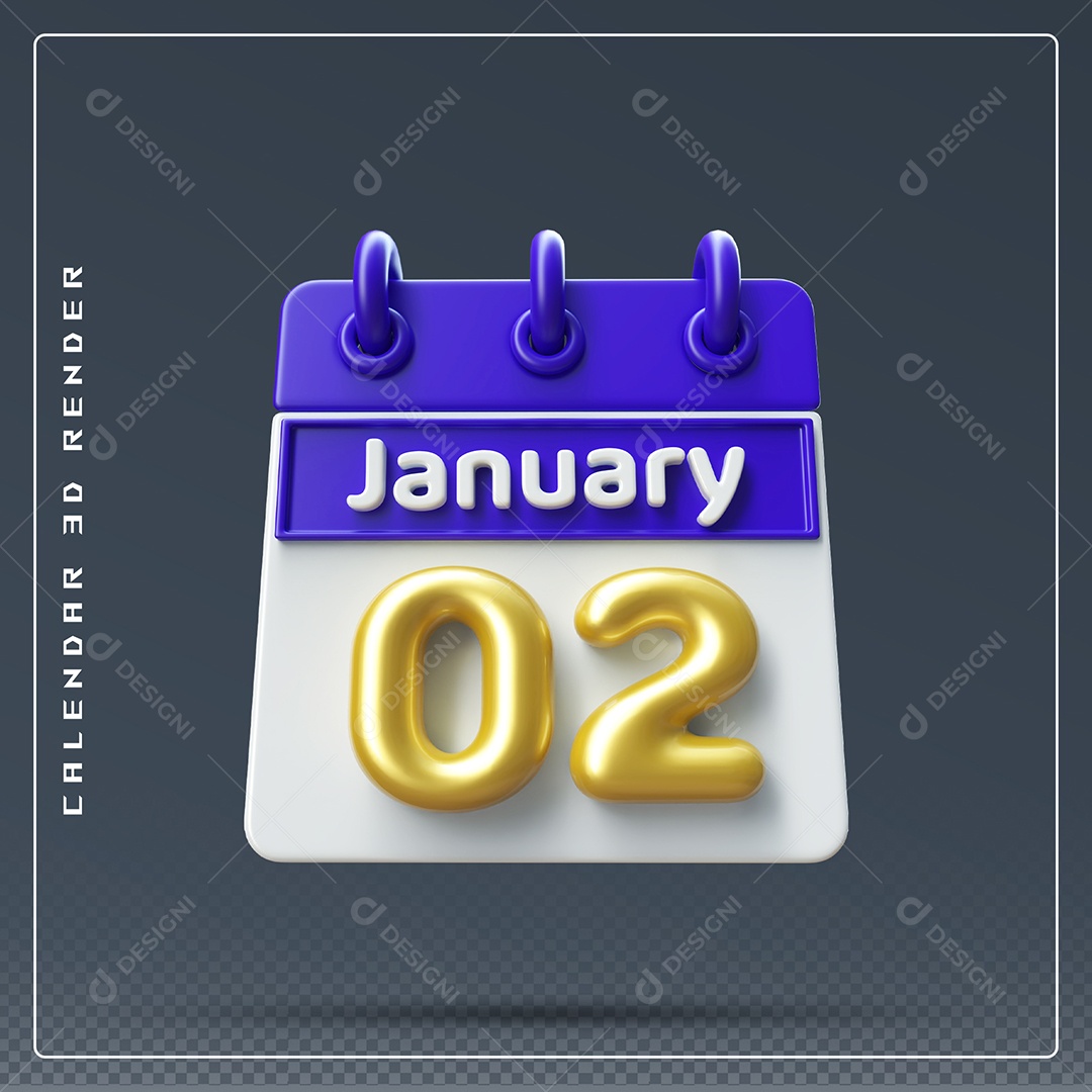Calendário Do mês Janeiro Dia 02 Elemento 3D Azul Dourado E Branco Para Composição PSD