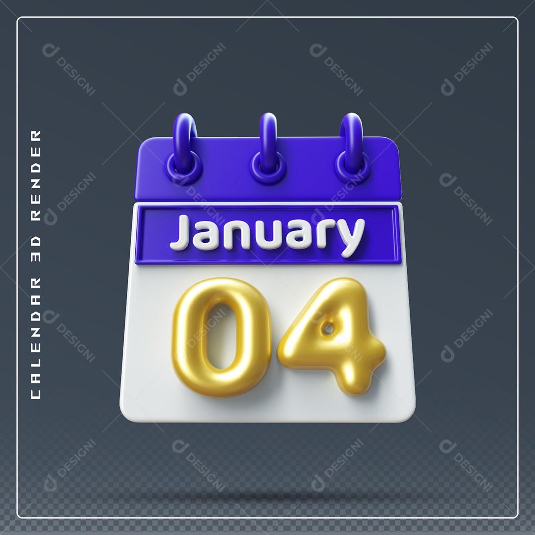 Calendário Do mês Janeiro Dia 04 Elemento 3D Azul Dourado E Branco Para Composição PSD