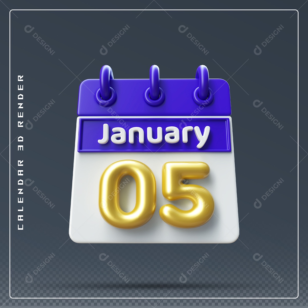 Calendário Do mês Janeiro Dia 05 Elemento 3D Azul Dourado E Branco Para Composição PSD