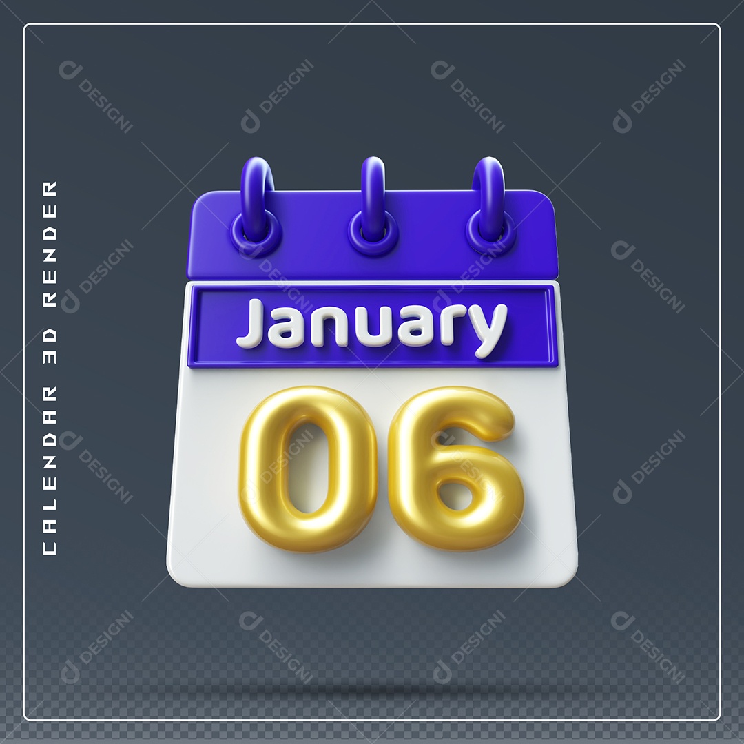 Calendário Do mês Janeiro Dia 06 Elemento 3D Azul Dourado E Branco Para Composição PSD