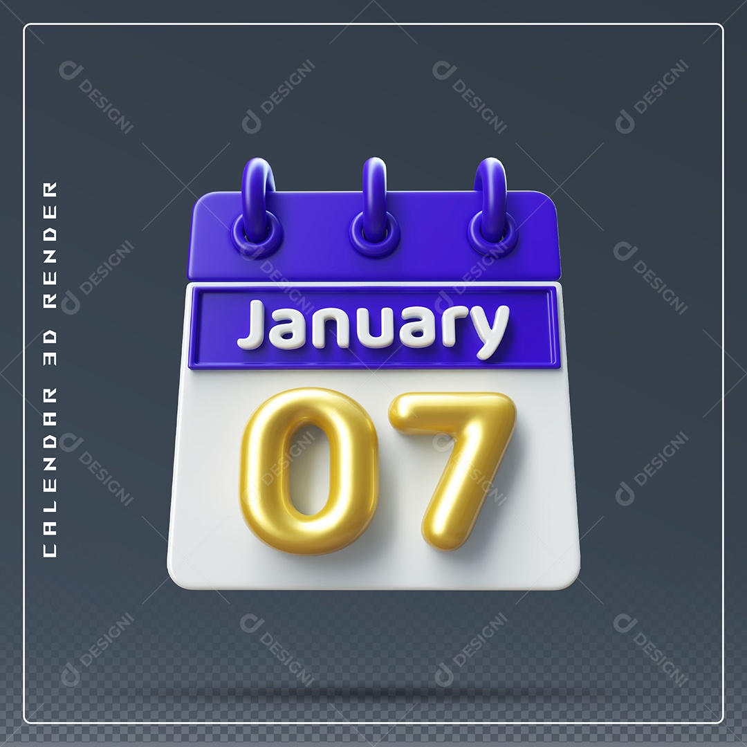 Calendário Do mês Janeiro Dia 07 Elemento 3D Azul Dourado E Branco Para Composição PSD