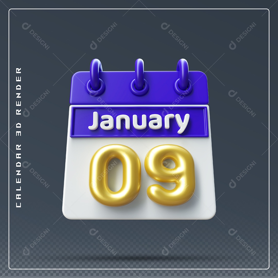 Calendário Do mês Janeiro Dia 09 Elemento 3D Azul Dourado E Branco Para Composição PSD