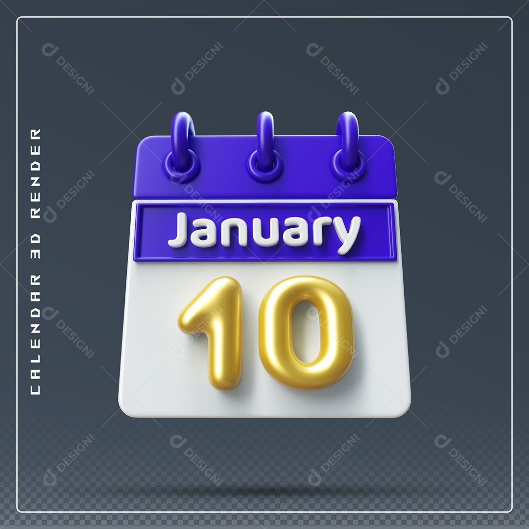 Calendário Do mês Janeiro Dia 10 Elemento 3D Azul Dourado E Branco Para Composição PSD
