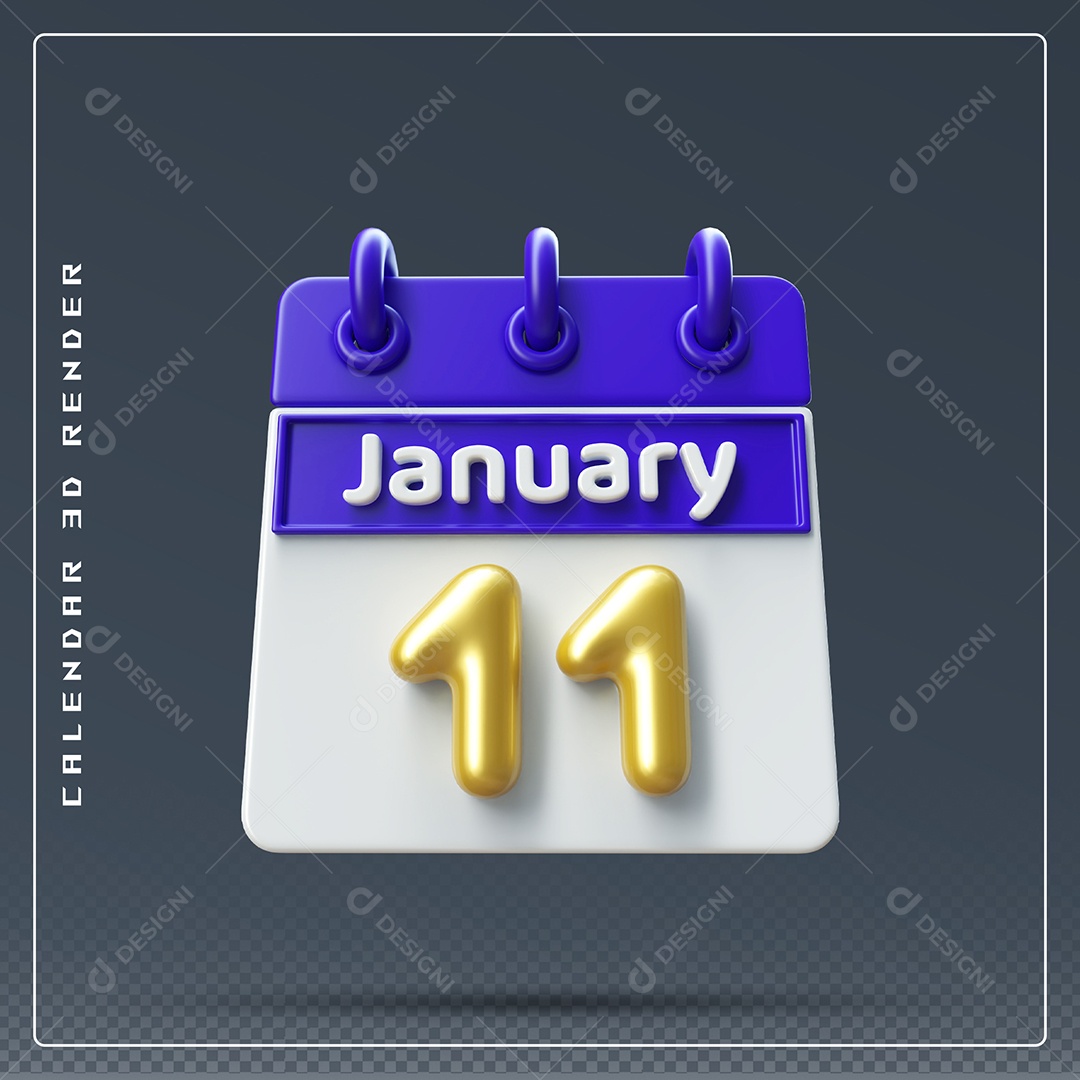 Calendário Do mês Janeiro Dia 11 Elemento 3D Azul Dourado E Branco Para Composição PSD