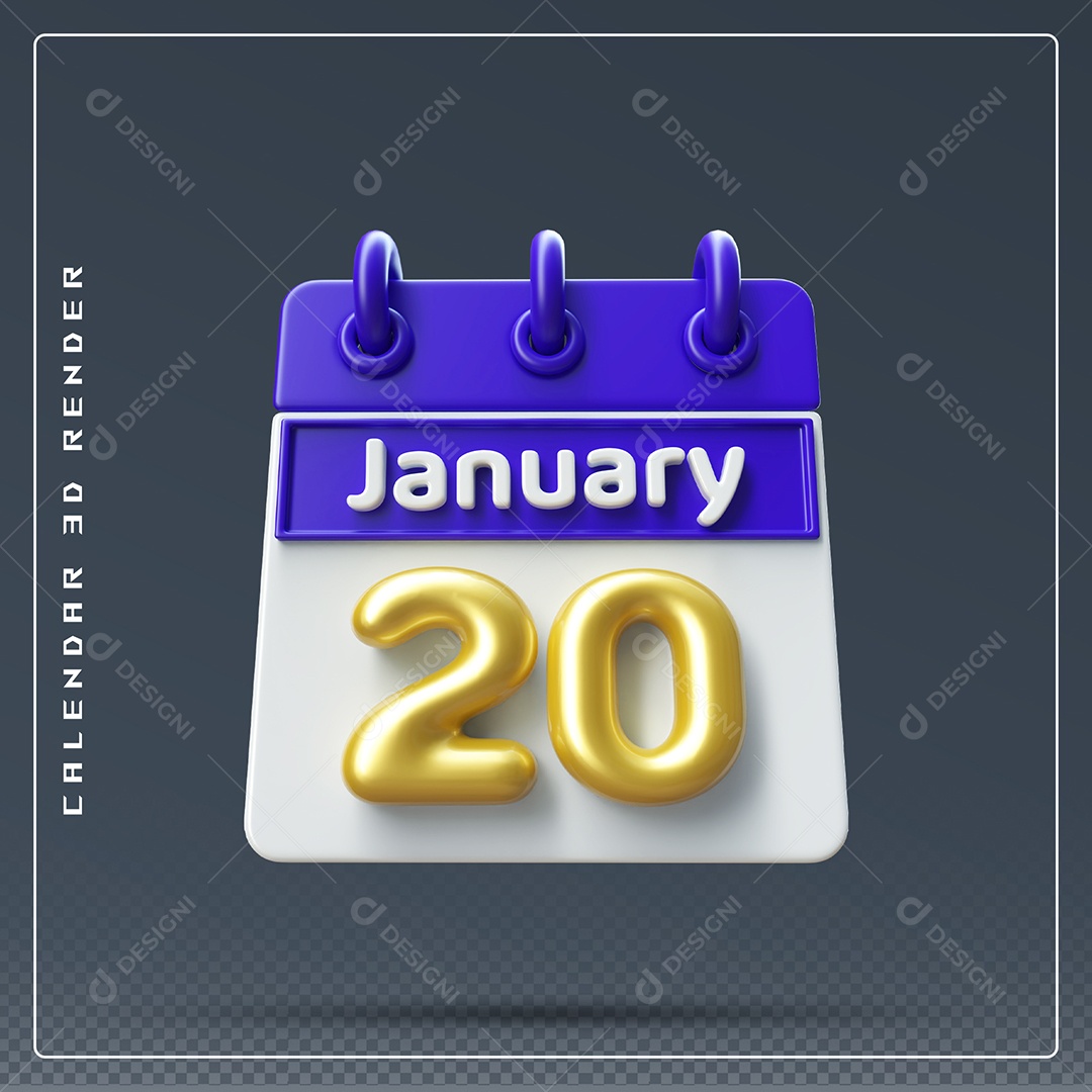 Calendário Do mês Janeiro Dia 20 Elemento 3D Azul Dourado E Branco Para Composição PSD