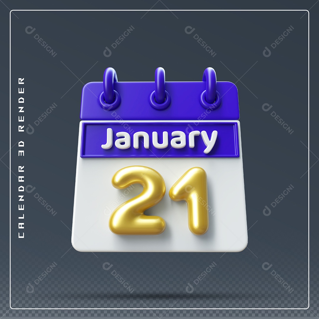 Calendário Do mês Janeiro Dia 21 Elemento 3D Azul Dourado E Branco Para Composição PSD
