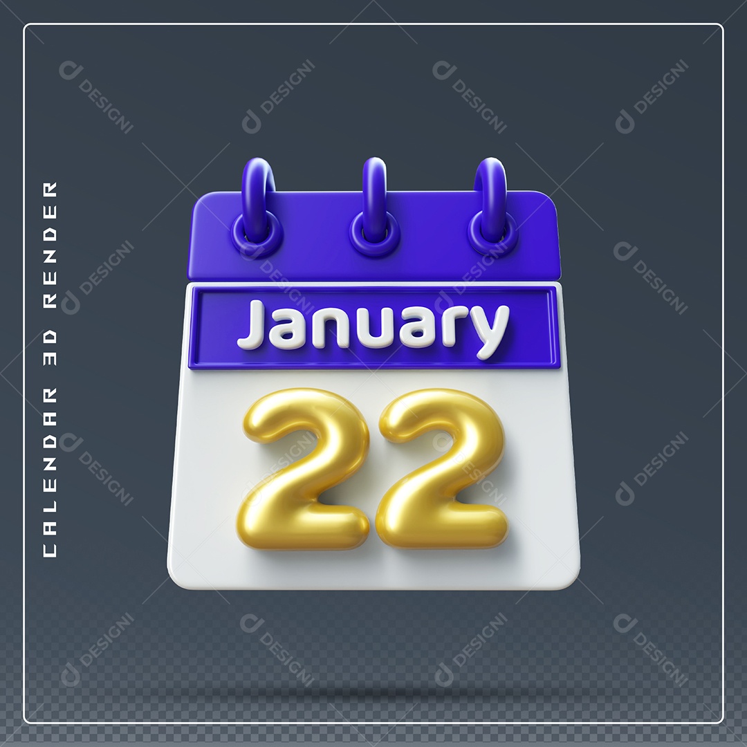 Calendário Do mês Janeiro Dia 22 Elemento 3D Azul Dourado E Branco Para Composição PSD