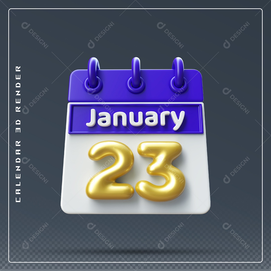 Calendário Do mês Janeiro Dia 23 Elemento 3D Azul Dourado E Branco Para Composição PSD