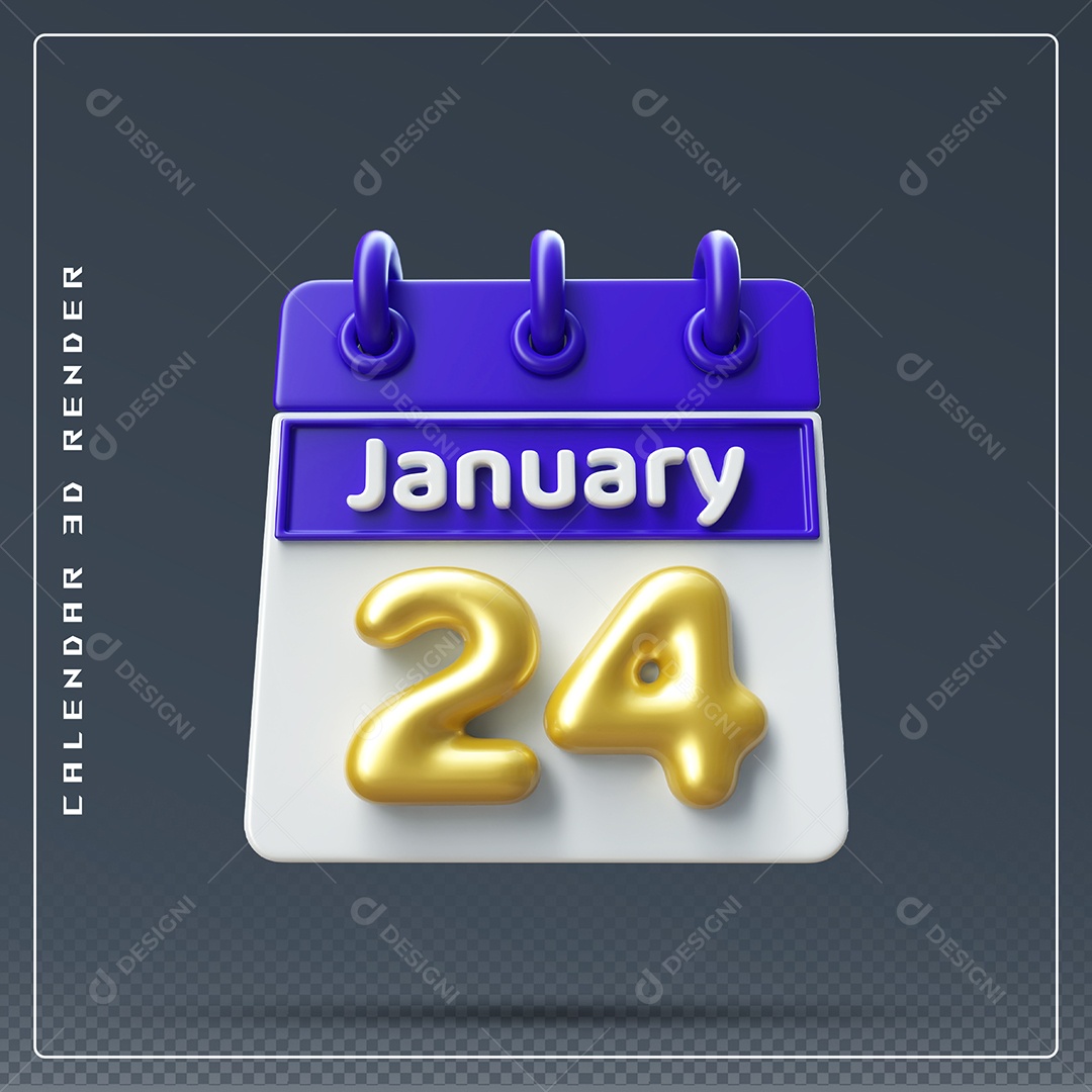 Calendário Do mês Janeiro Dia 24 Elemento 3D Azul Dourado E Branco Para Composição PSD