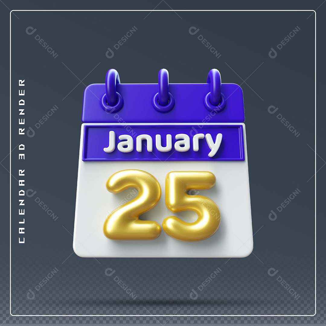 Calendário Do mês Janeiro Dia 25 Elemento 3D Azul Dourado E Branco Para Composição PSD