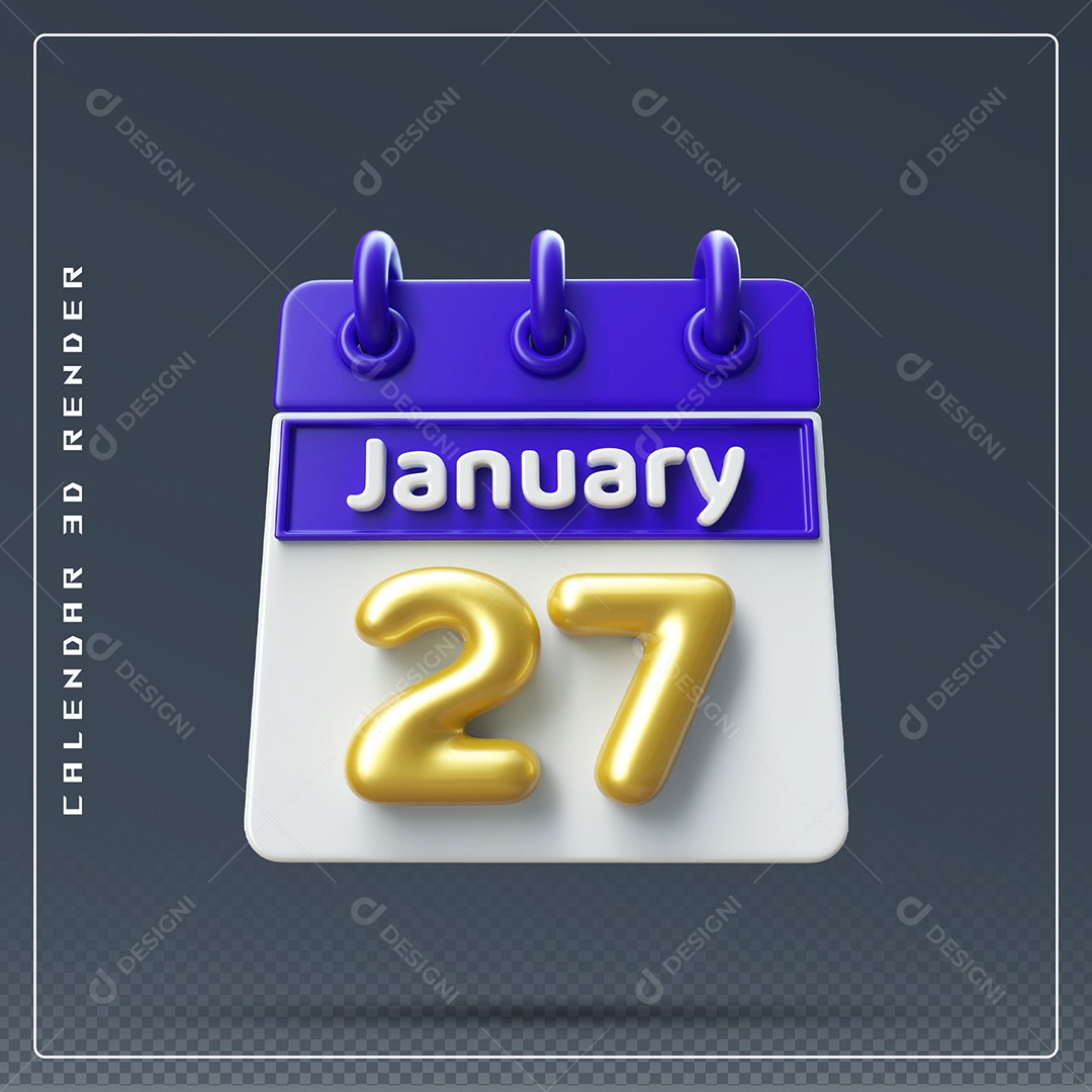 Calendário Do mês Janeiro Dia 27 Elemento 3D Azul Dourado E Branco Para Composição PSD