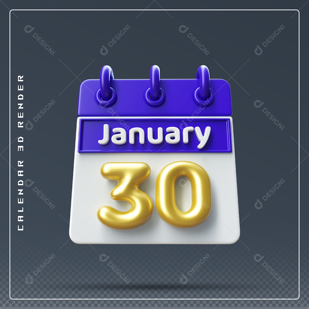 Calendário Do mês Janeiro Dia 30 Elemento 3D Azul Dourado E Branco Para Composição PSD