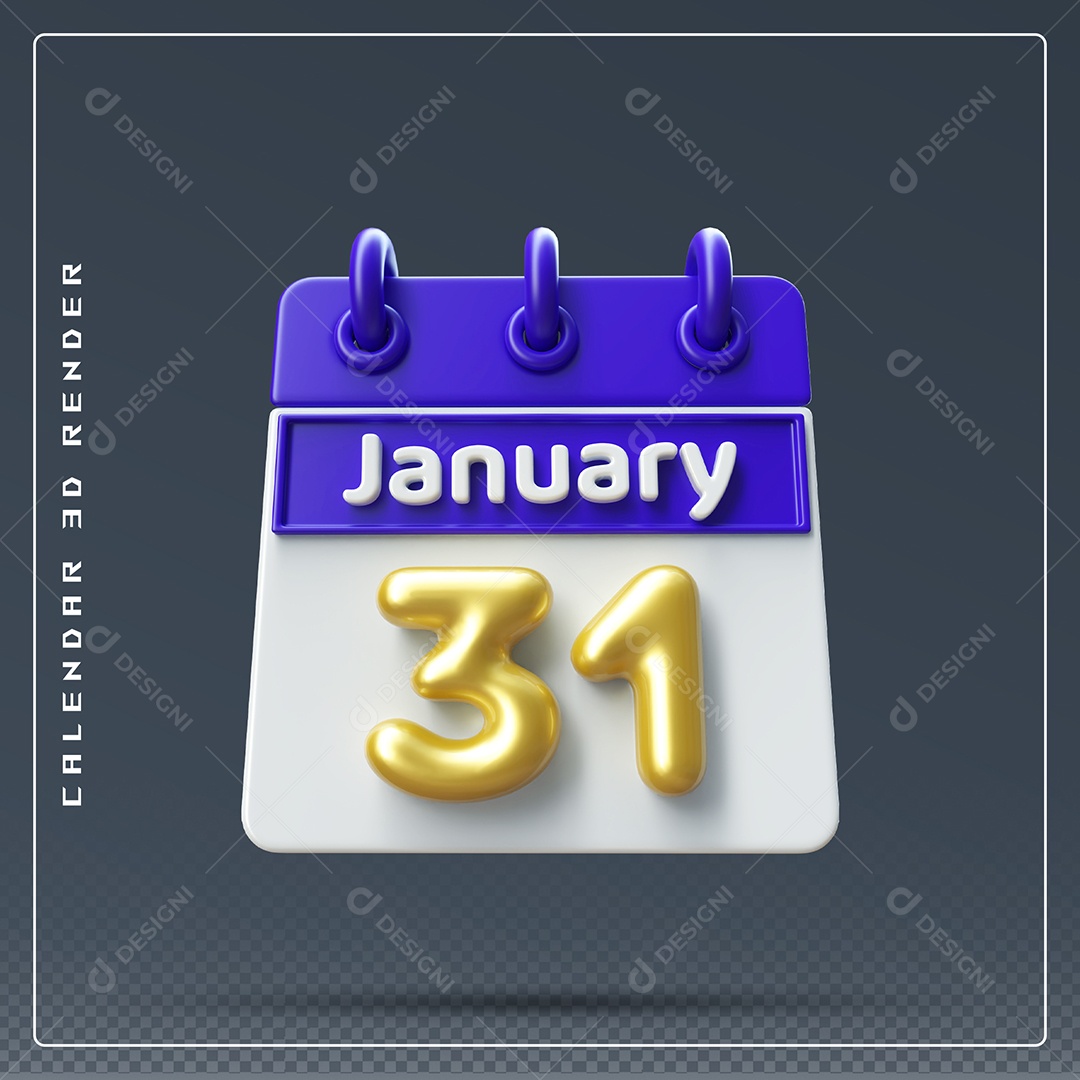 Calendário Do mês Janeiro Dia 08 31 Elemento 3D Azul Dourado E Branco Para Composição PSD