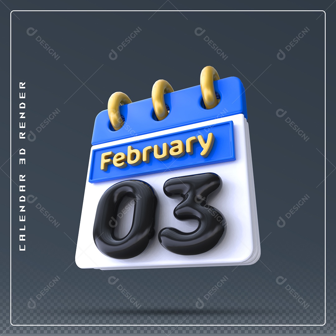 Calendário Do mês Fevereiro Dia 03 Elemento 3D Azul Dourado E Branco Preto Para Composição PSD