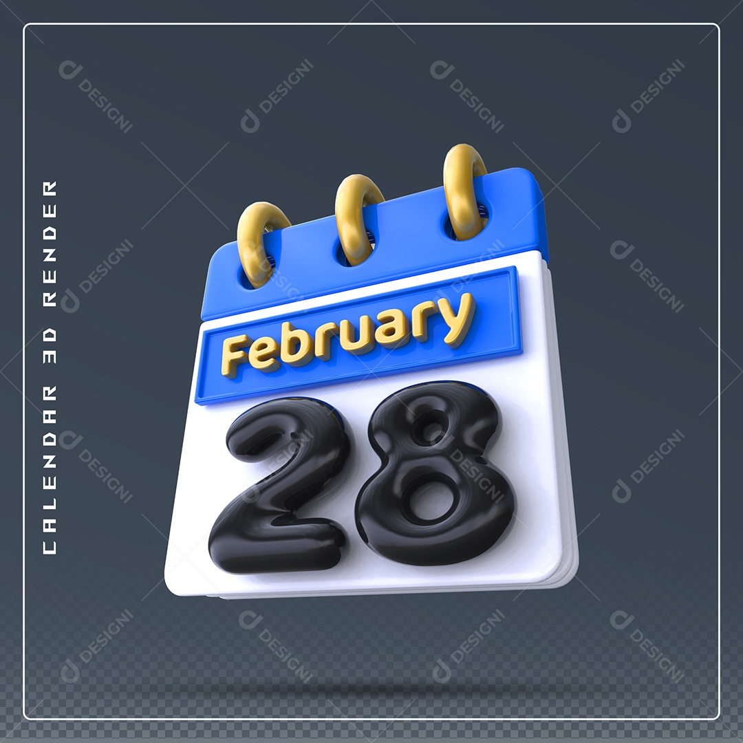 Calendário Do mês Fevereiro Dia 28 Elemento 3D Azul Dourado E Branco Preto Para Composição PSD