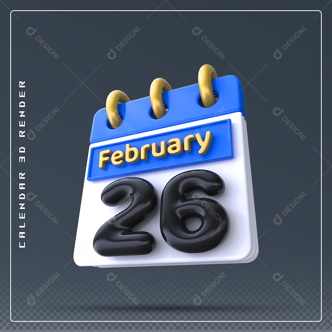 Calendário Do mês Fevereiro Dia 26 Elemento 3D Azul Dourado E Branco Preto Para Composição PSD