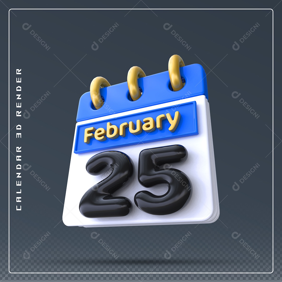 Calendário Do mês Fevereiro Dia 25 Elemento 3D Azul Dourado E Branco Preto Para Composição PSD
