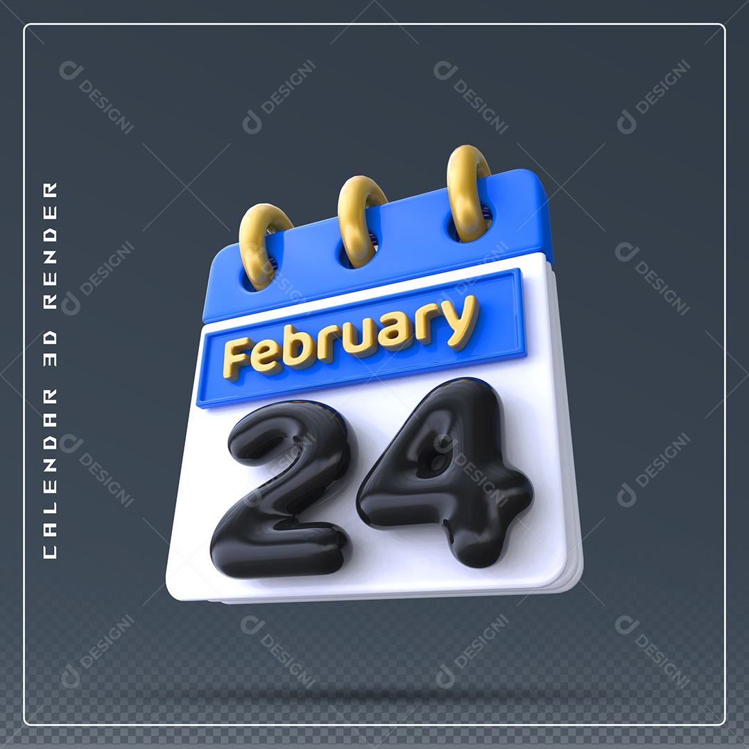 Calendário Do mês Fevereiro Dia 24 Elemento 3D Azul Dourado E Branco Preto Para Composição PSD