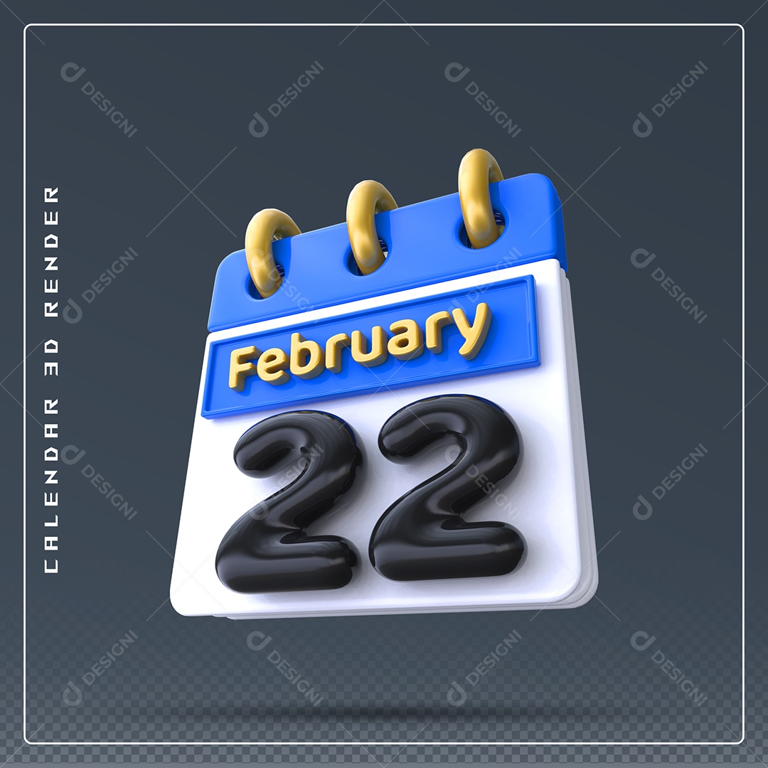 Calendário Do mês Fevereiro Dia 22 Elemento 3D Azul Dourado E Branco Preto Para Composição PSD