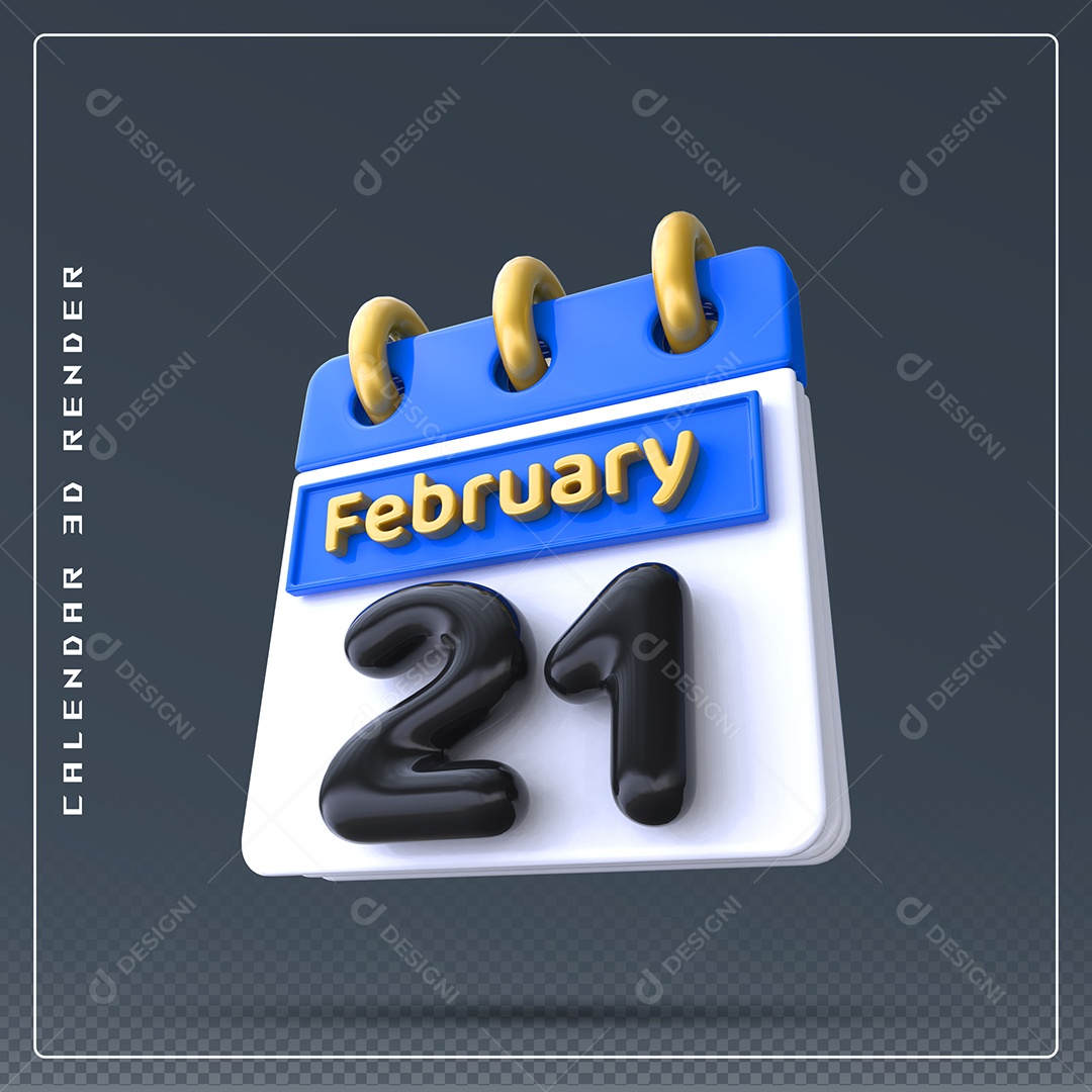 Calendário Do mês Fevereiro Dia 21 Elemento 3D Azul Dourado E Branco Preto Para Composição PSD