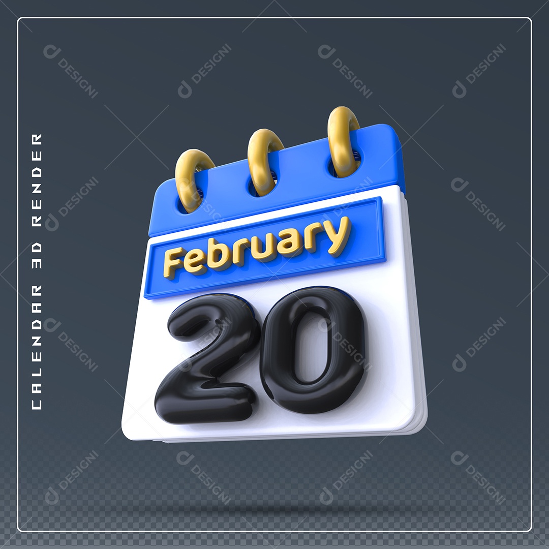Calendário Do mês Fevereiro Dia 20 Elemento 3D Azul Dourado E Branco Preto Para Composição PSD