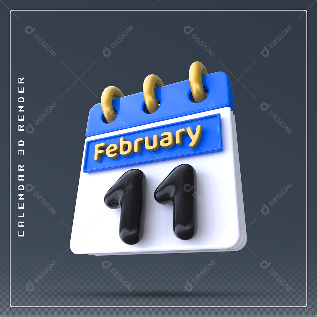 Calendário Do mês Fevereiro Dia 11 Elemento 3D Azul Dourado E Branco Preto Para Composição PSD