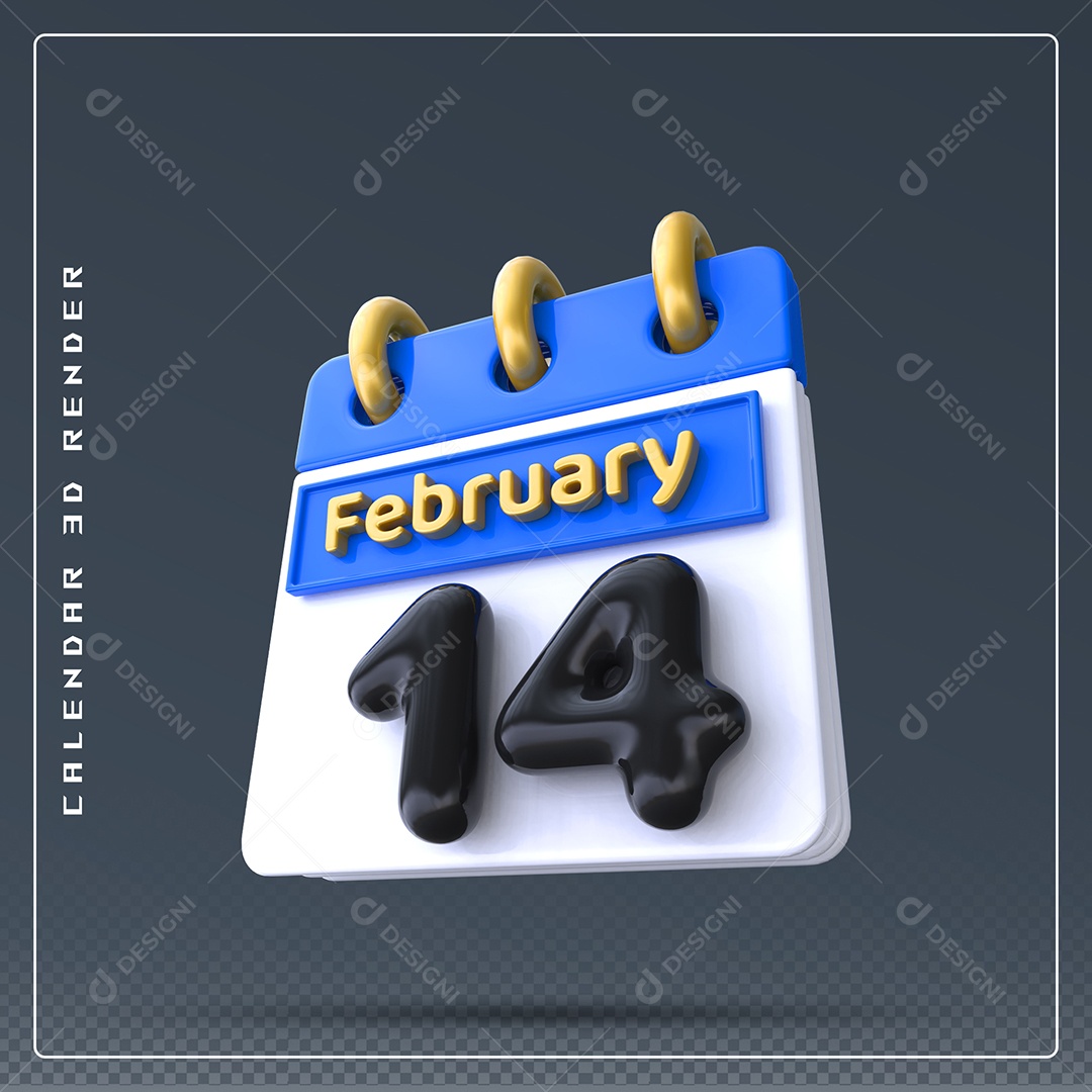 Calendário Do mês Fevereiro Dia 14 Elemento 3D Azul Dourado E Branco Preto Para Composição PSD