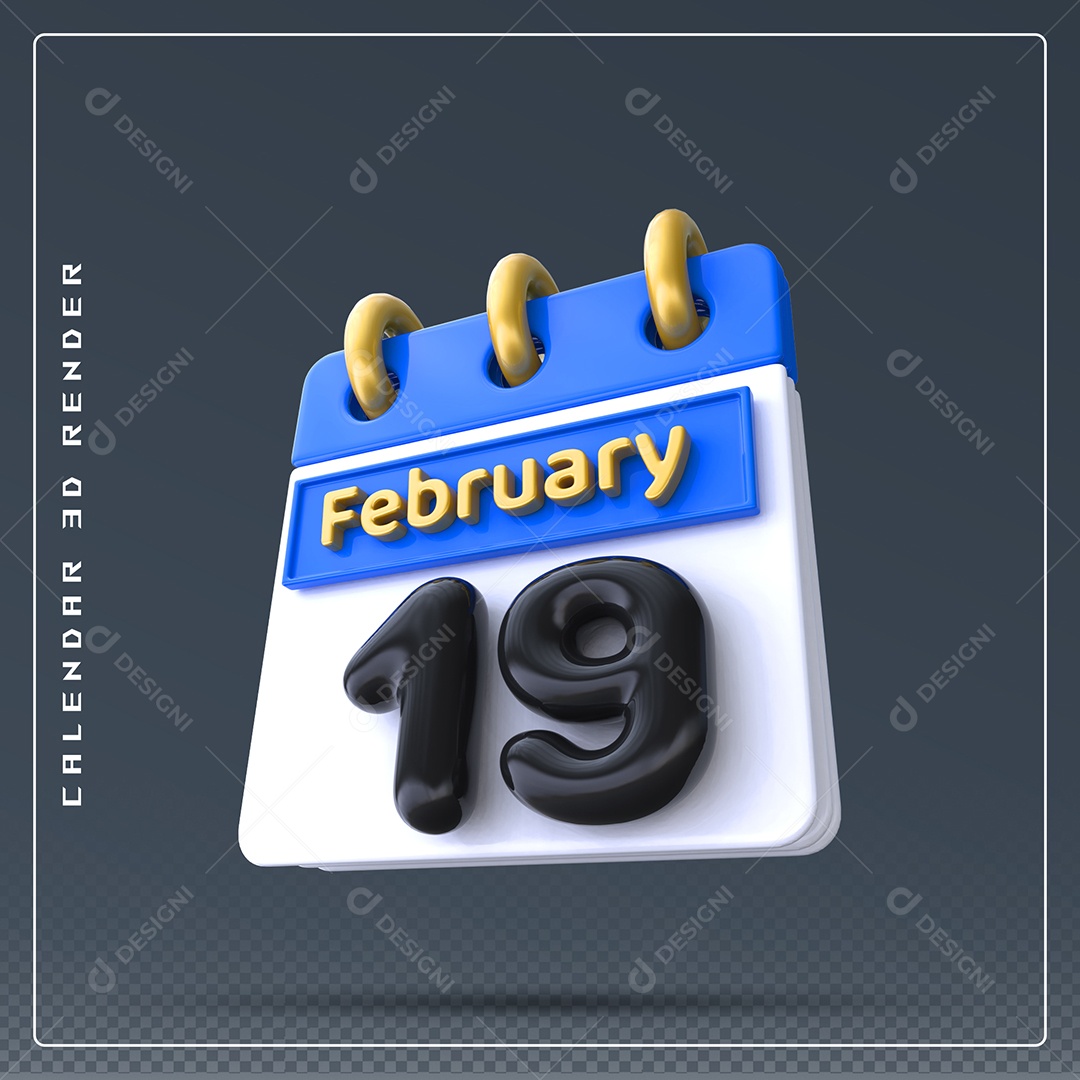 Calendário Do mês Fevereiro Dia 19 Elemento 3D Azul Dourado E Branco Preto Para Composição PSD