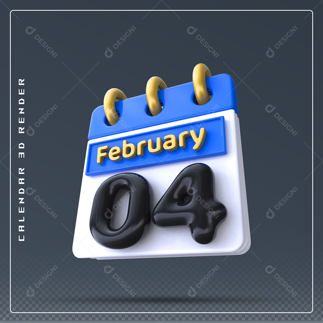 Calendário Do mês Fevereiro Dia 04 Elemento 3D Azul Dourado E Branco Preto Para Composição PSD